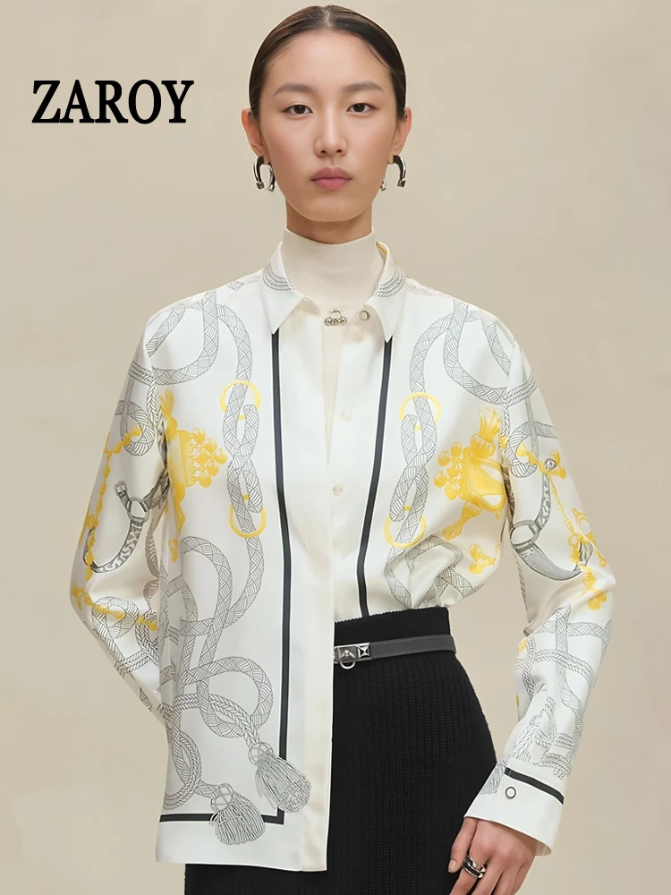 قمصان أحدث قميص نسائي فاخر حصري بأكمام طويلة وطية صدر السترة قميص من الساتان مطبوع عليه أموال قديمة قميص بتصميم علامة تجارية OL بلوزة руба