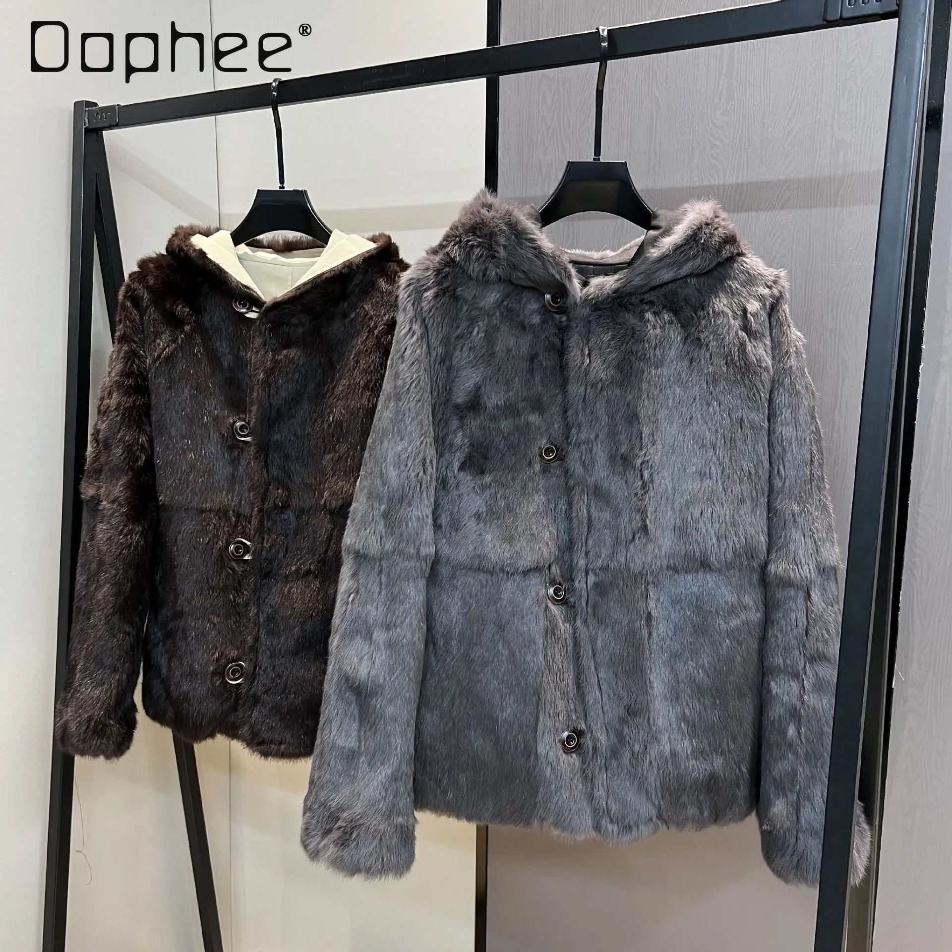 Jassen voor dames Winter Nieuwe damesparka Omkeerbaar konijnenbont Capuchon Ontwerp Twee-in-één warme bontjas