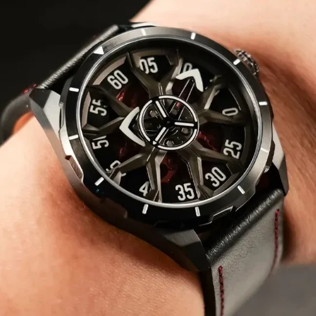 OBLVLO Men Automatic Watch 42MM Mechanical Wristwatch Car Wheel Dial Skeleton 50M Waterproof Sapphire Luminous Miyota 8N24