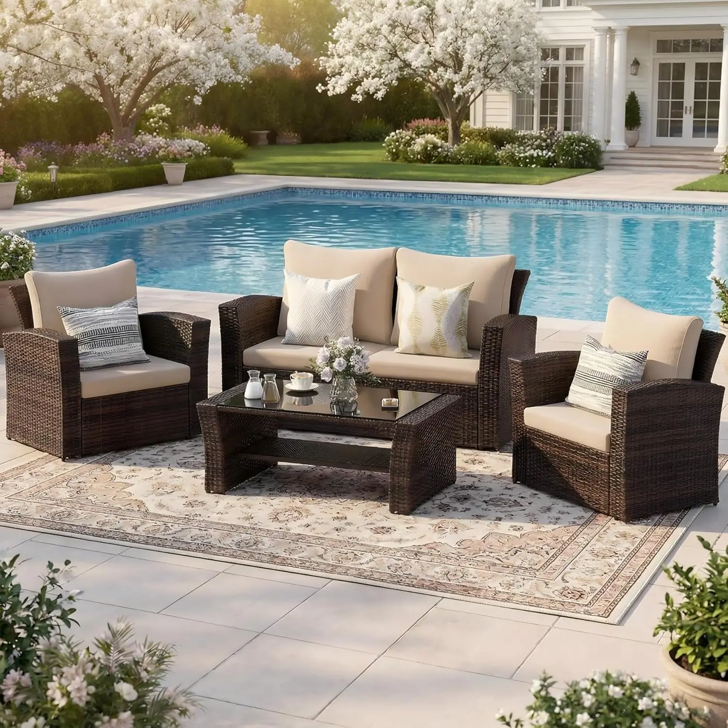 

4-Piece All-Weather Brown Wicker Patio Furniture Set with Cushion and Glass Table for Outdoor Conversation