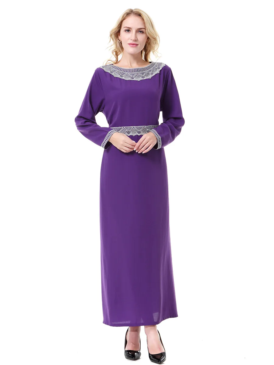 

Женское однотонное лоскутное повседневное модное платье до щиколотки с длинным рукавом и круглым вырезом, женская одежда, мусульманская новая мода на Ближнем Востоке