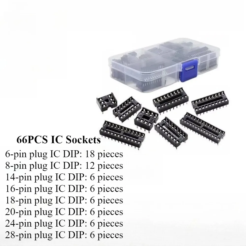 

66Pcs 8 Values IC Socket Adapter Assortment Kit DIP Flat Pin Package 6Pin to 24Pin Common Range for Breadboard Prototyping and C