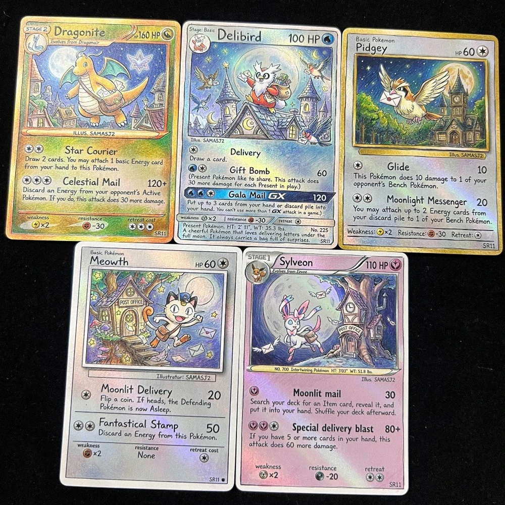 cartas-pokemon-ptcg-estilo-arte-com-lapis-colorido-dragonite-delibird-pidgey-meowth-sylveon-cartas-de-colecao-cartas-holo-presente-pokemon