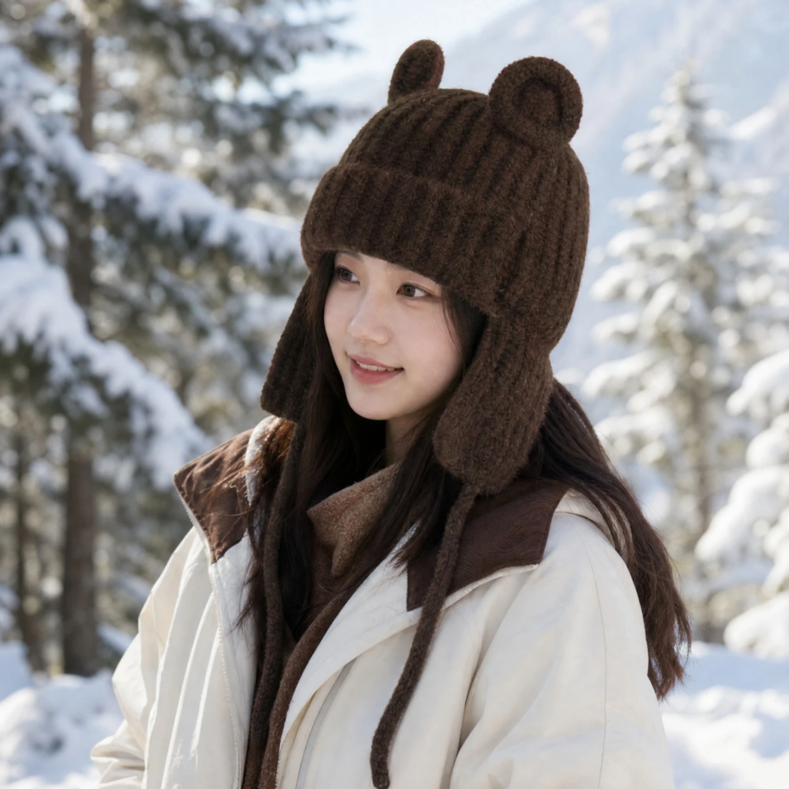 Knitted Winter Earflap Hat with Chin Ties Warm Ribbed Knit Earflap Hat with Bear Ears Winter Beanie with Ear Flaps Cute Snug