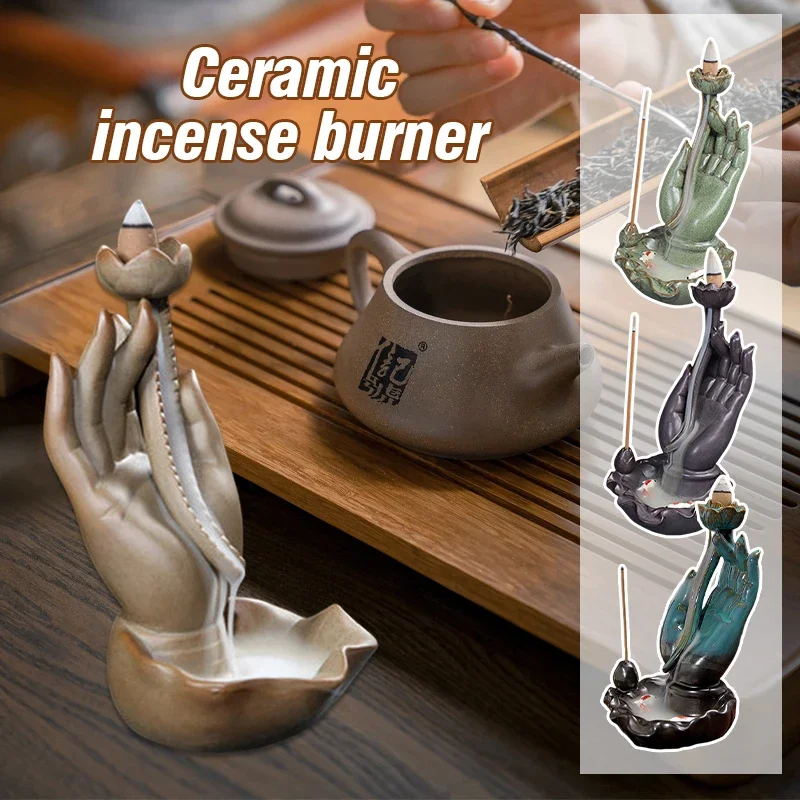 Buddha Hand Lotus Backflow Incense Burner Zen Home Decor with Agave Insert Plate for Relaxation and Meditation