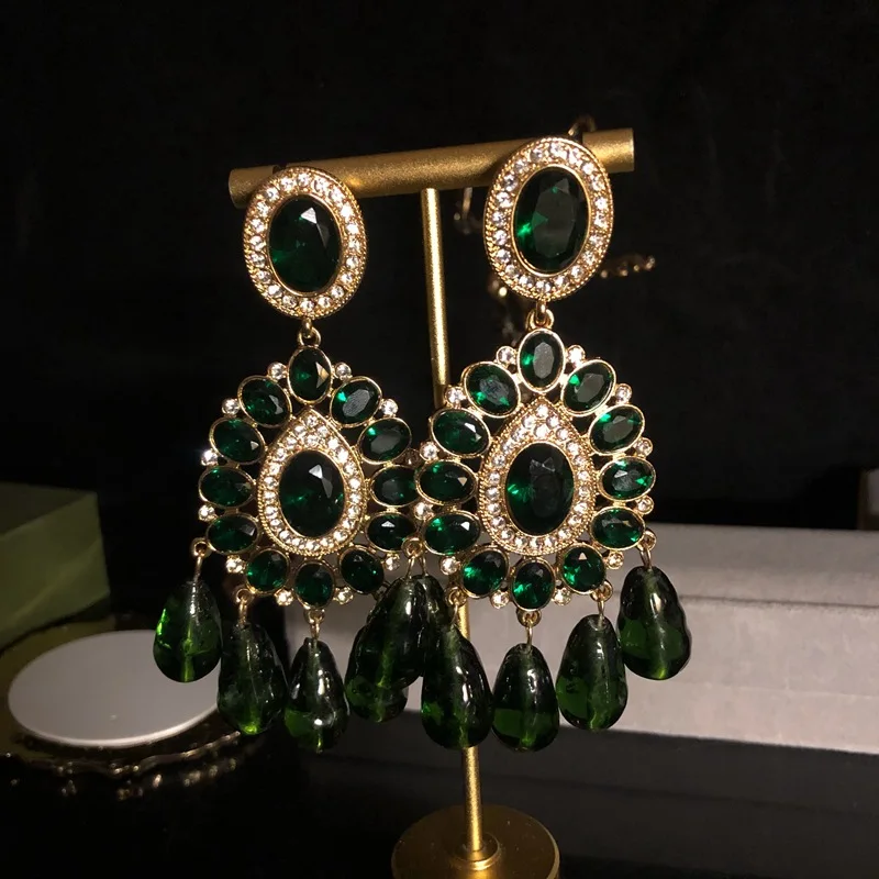 MedievalvintageHeavy Industry Design High-Grade Earrings with Diamond Emerald Glaze Drop Earrings Sweep Shoulder Earrings