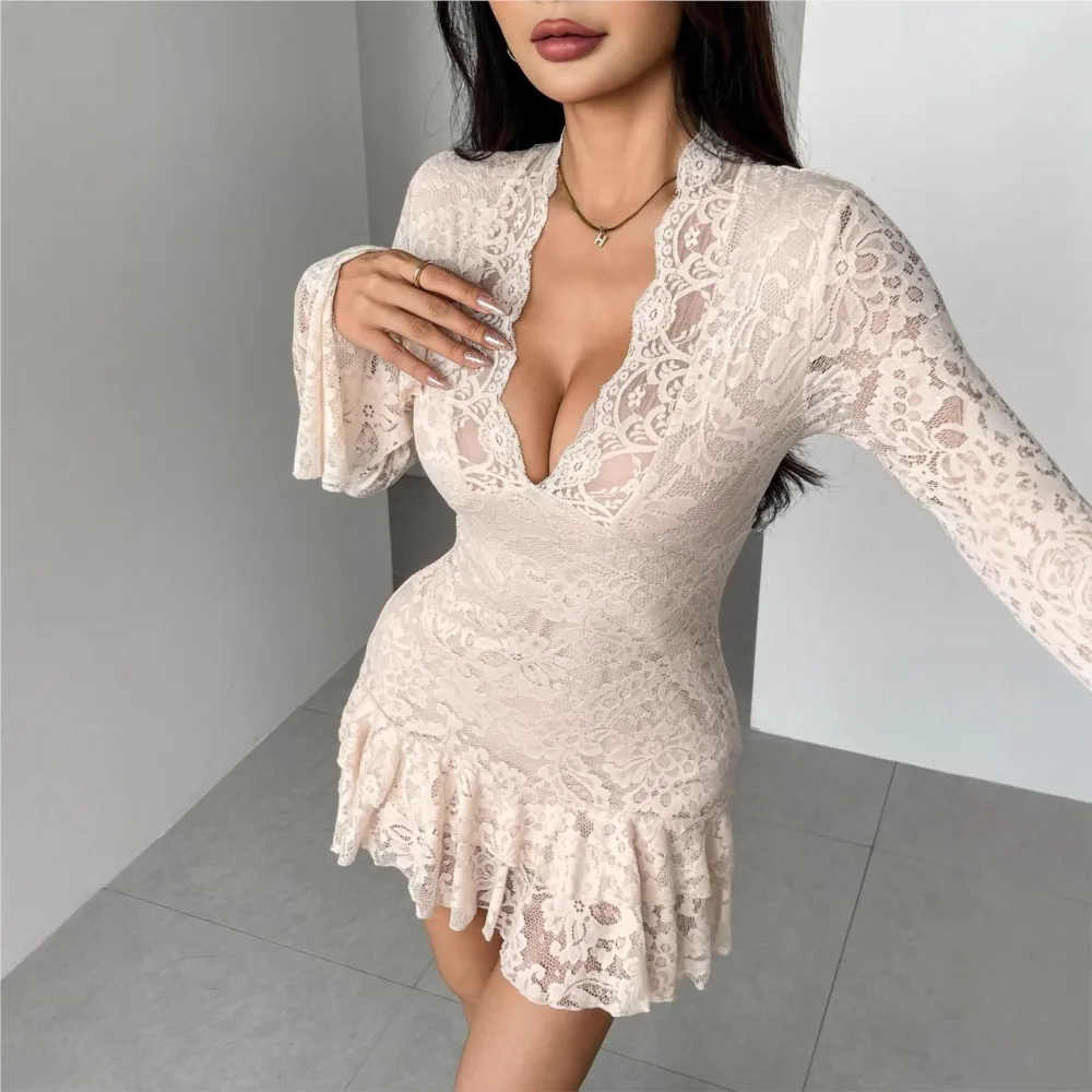 Dress 2025 Woman V Neck Low Cut Trendy Hollow Out Solid Color Lace Bodycon Wrap Hip Temperament Elegant Casual Intellect Trendy