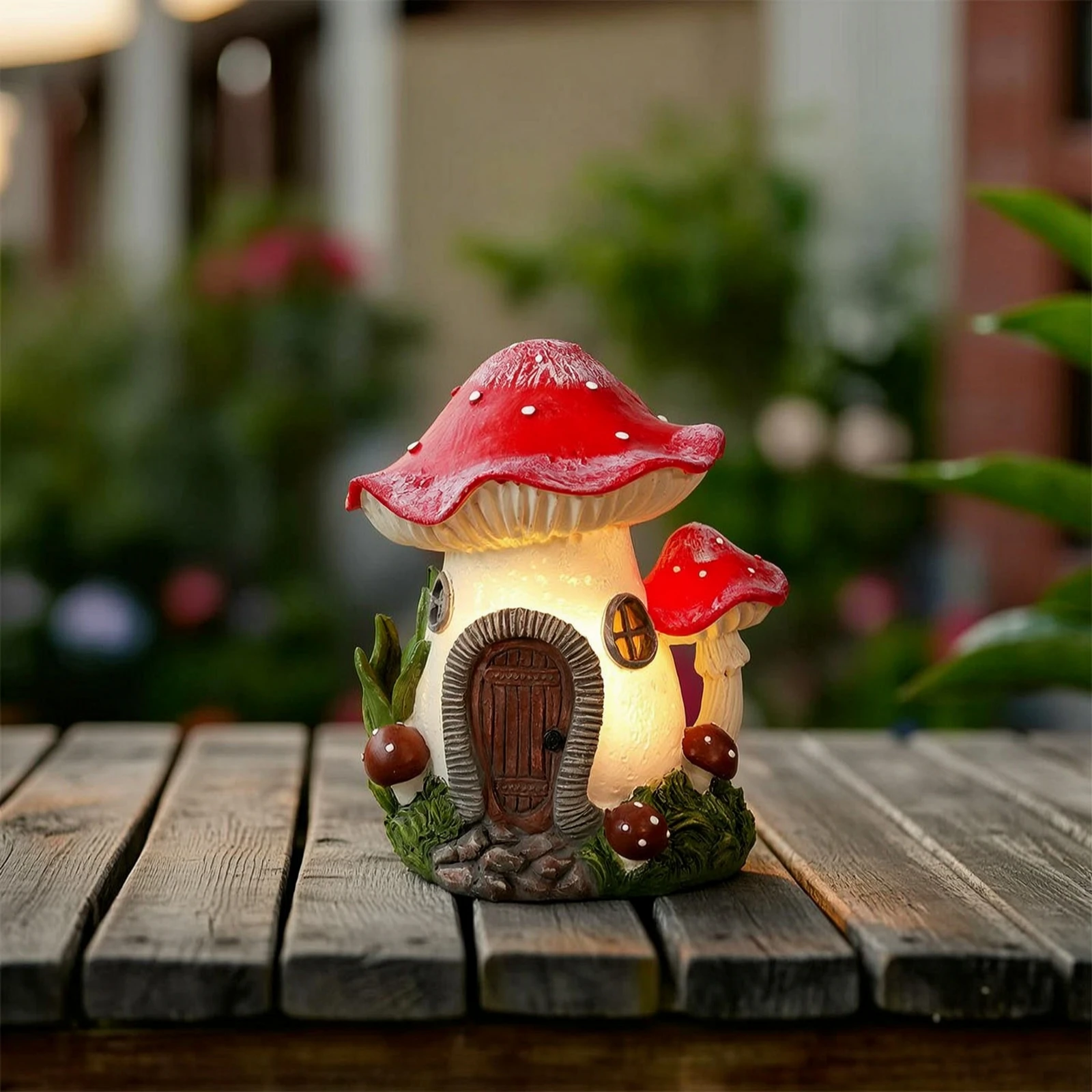 Fungus House with Solar Light Resin Fungus House Garden Statue with Light Lighted Ornament Miniature for Gardeners, Yard