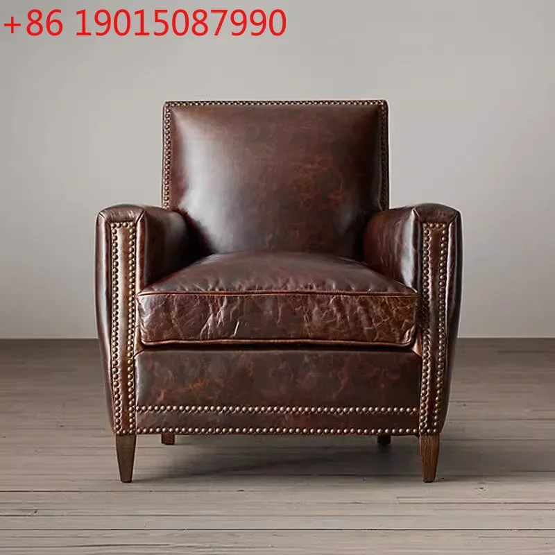 

American country leather sofa retro oil wax leather single chair modern light luxury living room small apartment leisure
