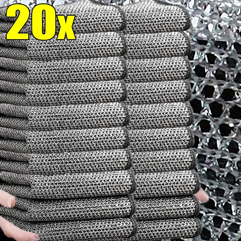 20/1pcs Steel Wire Cleaning Cloths Double-layer Metal Wire Non-stick Oil Dishcloths Kitchen Pan Pot Gas Stove Scouring Pads Rags