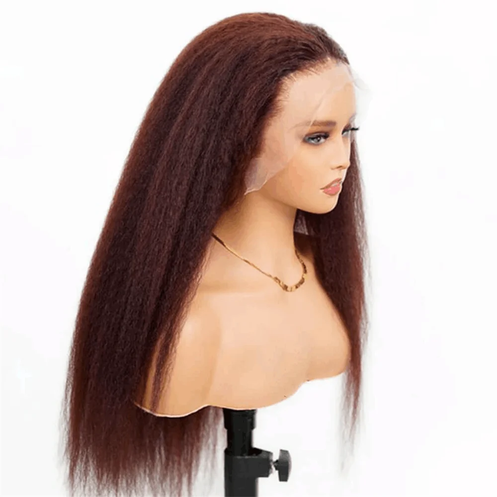 Brown Yaki Kinky Straight Preplucked 180Density Soft Glueless 28Inch Lace Front Wigs For Women BabyHair Daily  Fashion Synthetic