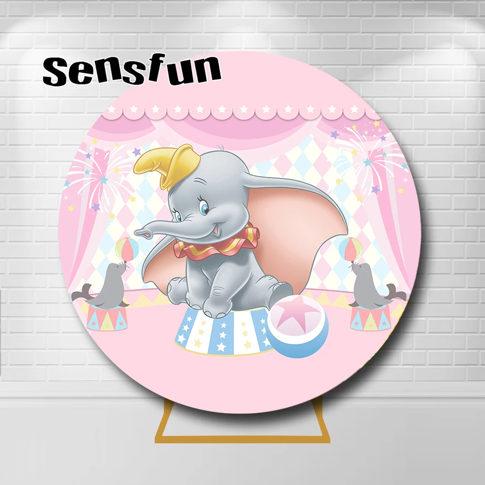 

Dumbo Round Backdrop Pink Girls Circus Birthday Party Circle Background For Photography Custom Photocall Dessert Table Banner