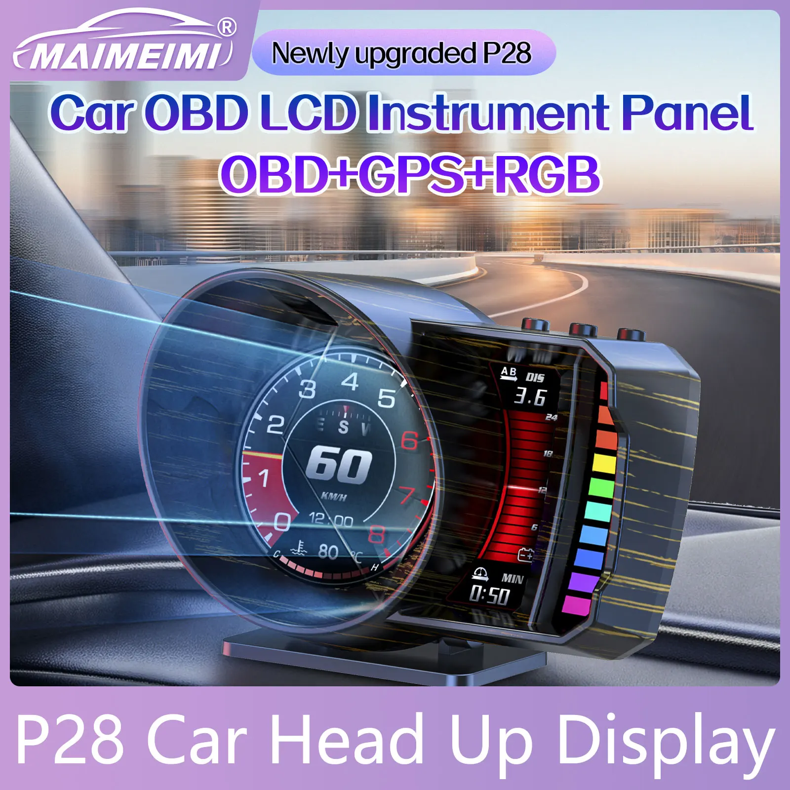 P28 New Car OBD GPS HUD Speed Head Up Display Water/Oil Temp Car Accessories Clock RPM Voltage Oil Pressure Display Meter