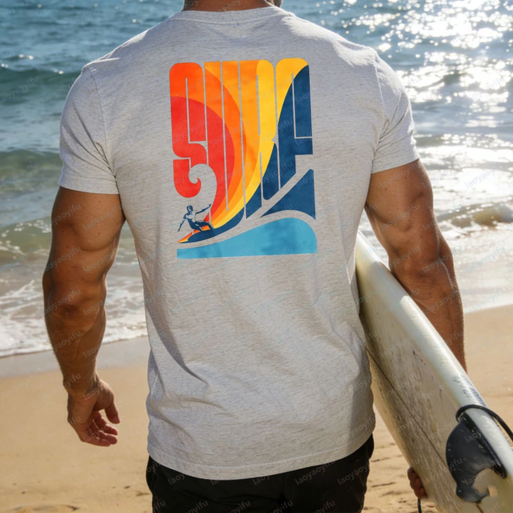 Retro Surf T-Shirt Women Color Block Wave Silhouette Graphic Casual Short Sleeve Cotton Top Summer Beach Surfing Vacation Shirts