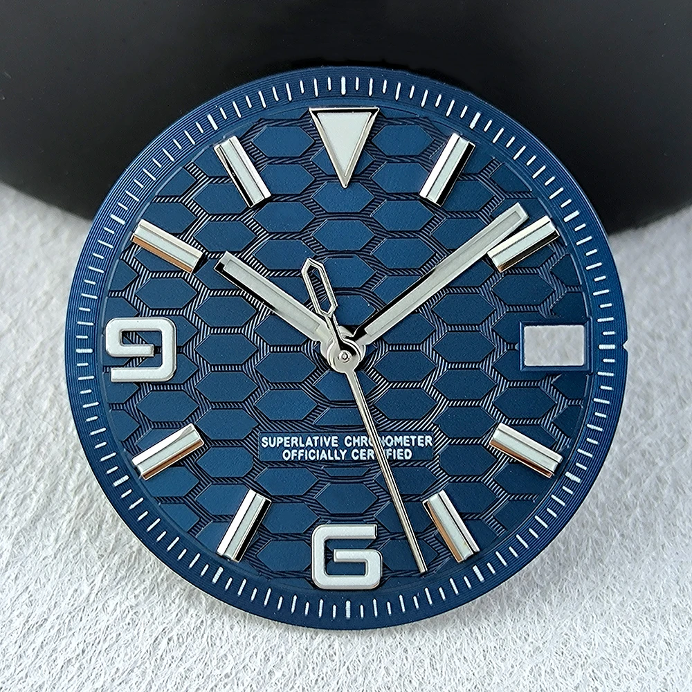 NH35 다이얼 28.5mm 수정 시계 다이얼 숫자 다이얼 블루 루미 너스 핏 NH35 무브먼트 시계 액세서리