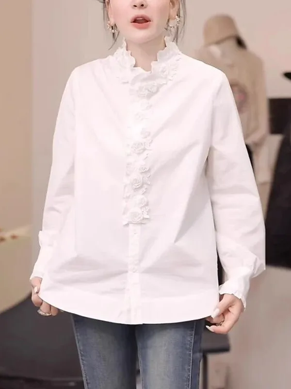 

Ele White Stand Collar irt Women's Spring Faion Loose Earlet Lace Trim Base Layer irt Top Korean Sle Long Sve