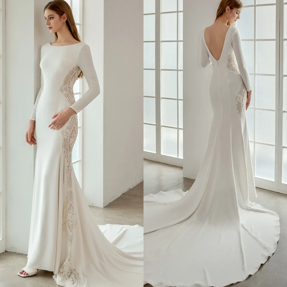 

Customized Mermaid White Jersey Scoop Evening Dress Chapel Train Bridal Gowns Long Sleeves Modern Style Backless Bridal Party