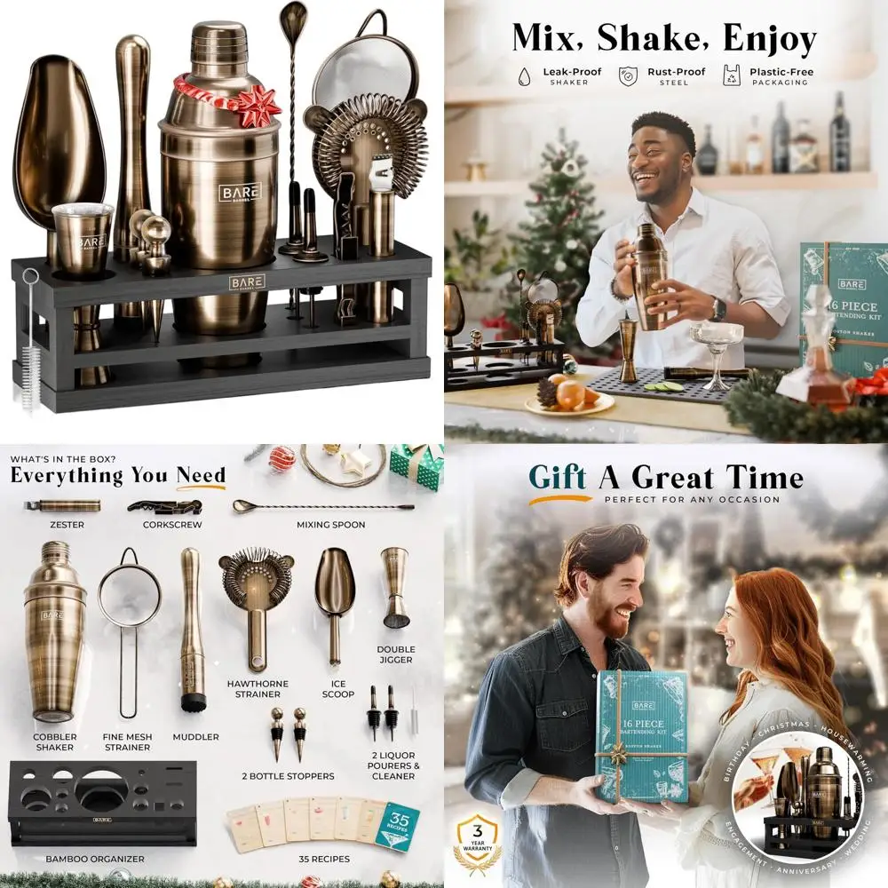 

16-Piece Cocktail Kit | Home Bartending Set with 35 Recipes | 24oz Cobbler Shaker | Brass/Black