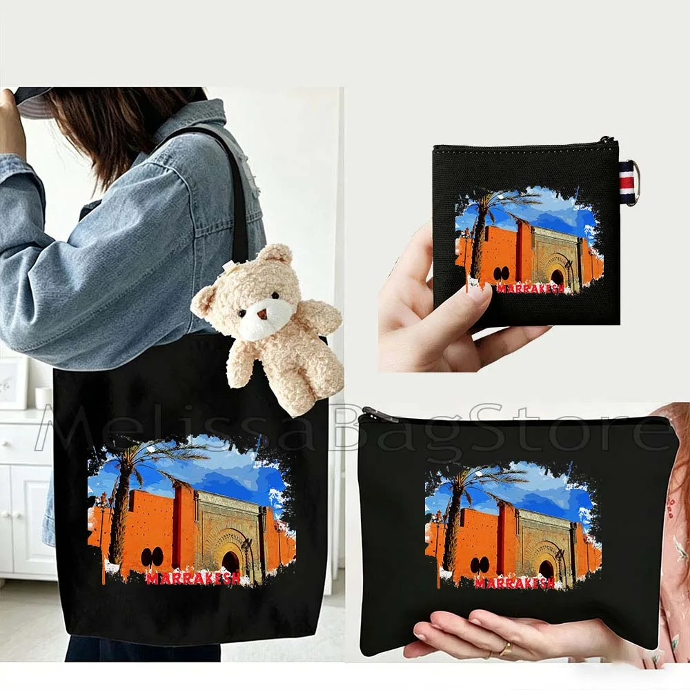 4PCS Gifts Set Marrakesh Morocco White Canvas Tote Bag Handbag with Doll Key Coin Purse Cosmetic Makeup Toilet Bag Case Pouch