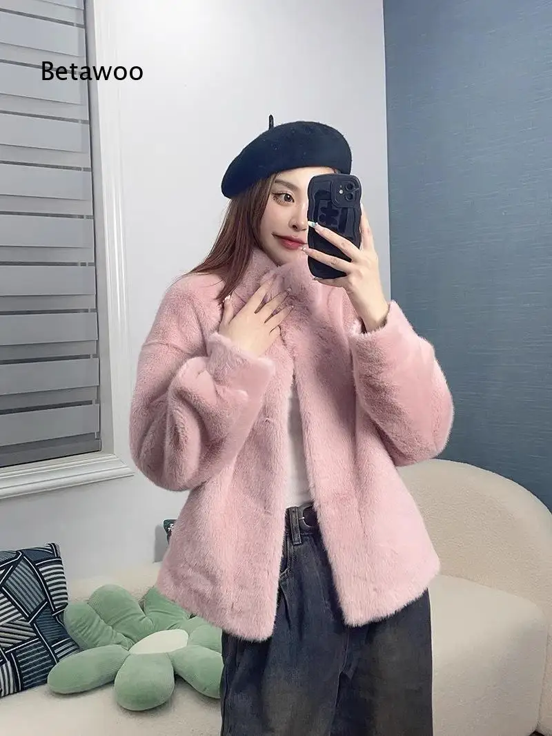 Womens short stand collar faux fur coat velvet mink style fluffy integrated outerwear warm winter overcoat soft plush design fo