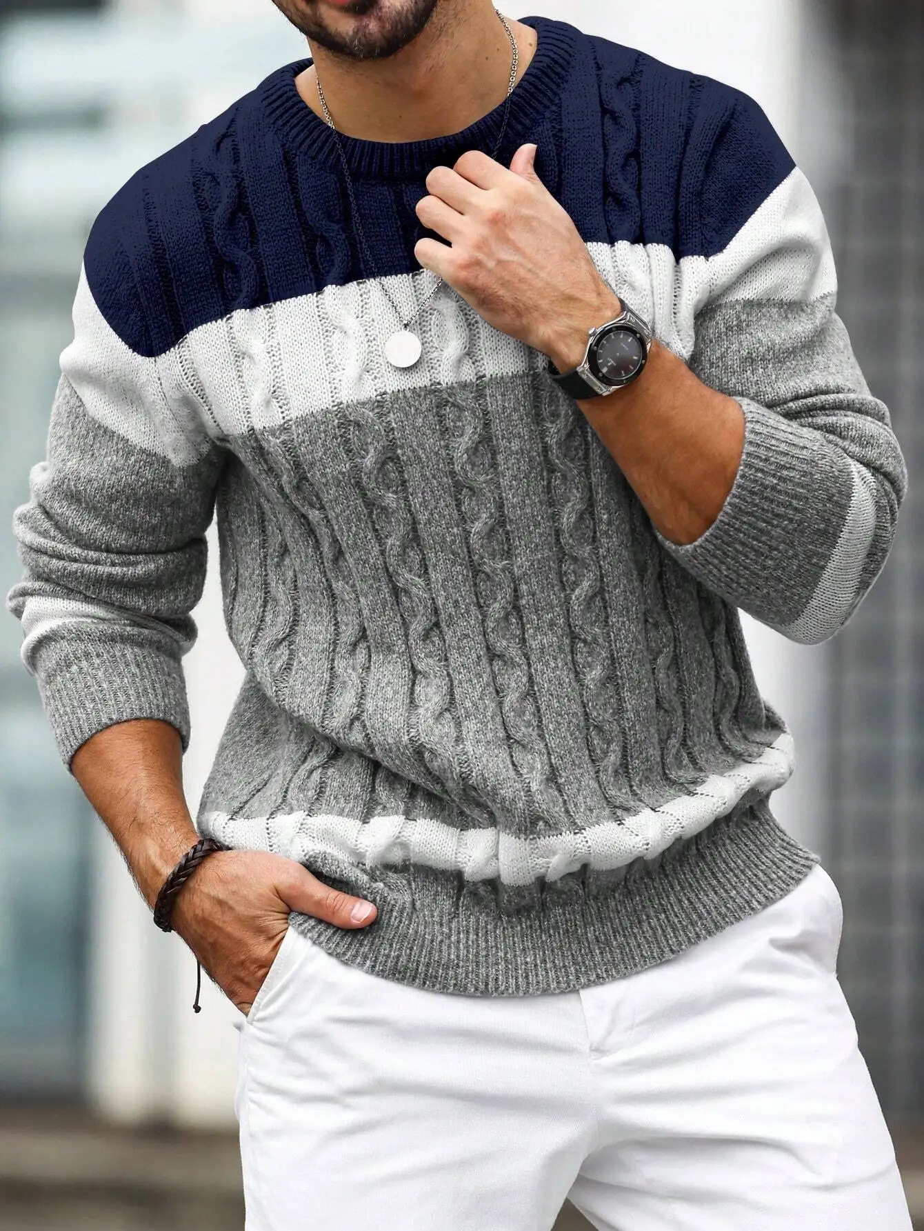 

Men's Colorblock Cable Knit Crew Neck Sweater, Loose Fit Casual Long Sleeve for Autumn Winter