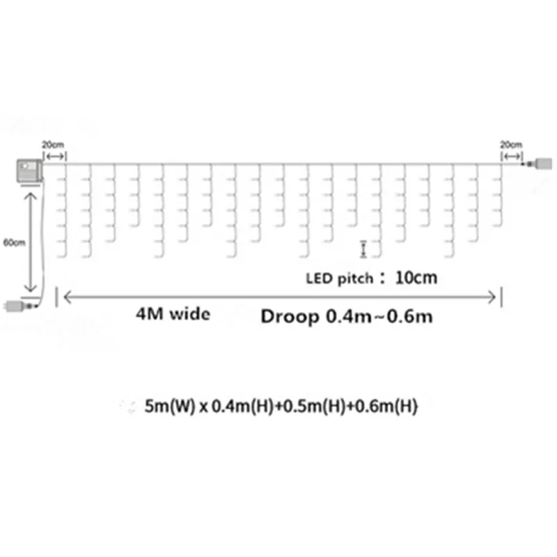 LED 커튼 고드름 스트링 조명, 5M 크리스마스 화환, 정원 거리 야외 장식 휴일 조명, 0.4-0.6m AC 220V