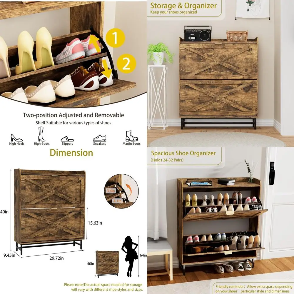 

Отдельно стоящий коричневый шкаф для обуви в деревенском стиле с двумя ящиками для хранения в прихожей