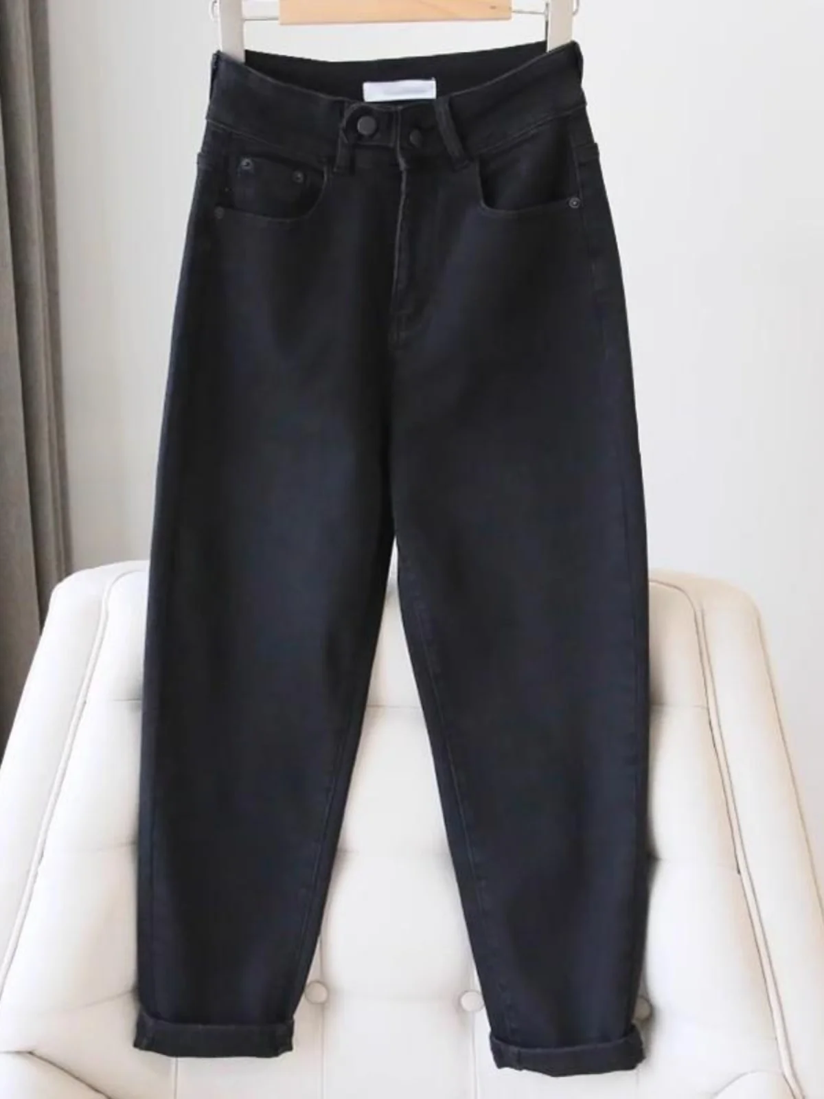 

plus Size Black Dad Jeans Women's High Waist Trousers Autumn Winter New Style Slimming Fleece Harlan Carrot Pants