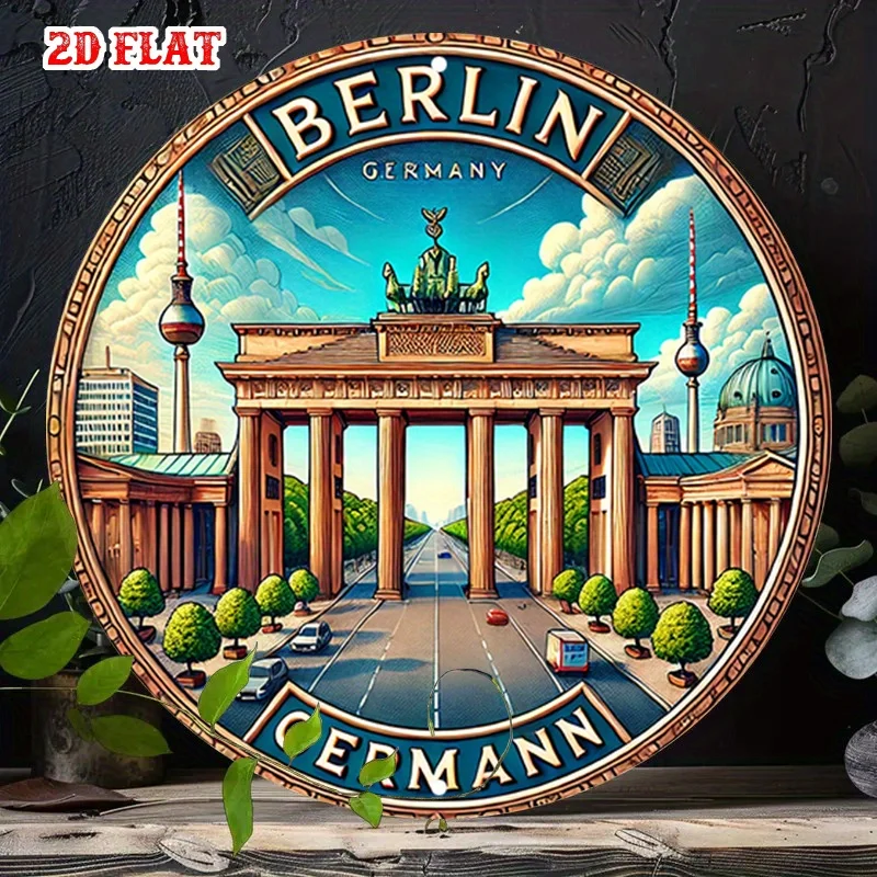 2D Flat, 2D Flat 1pc Berlin Icon Round Aluminum Sign, Modern City Metal Tin Sign - Historical Landmarks Rustic Metal Wall Art, G
