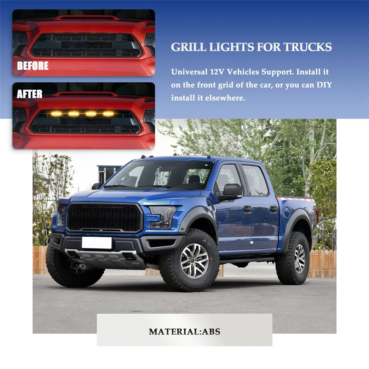 Luzes de LED grade dianteira, estilo Raptor, lente fumada, âmbar, 4X, Ford F-150, F150, 2009-2018