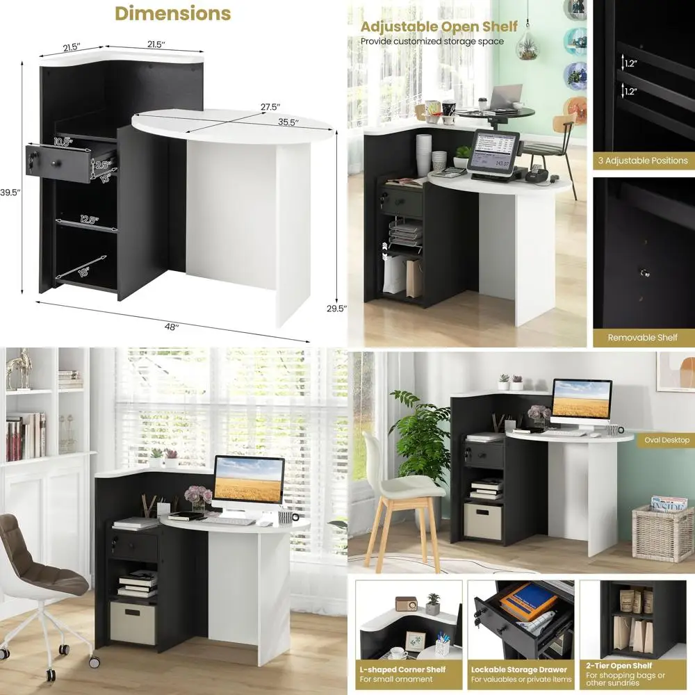 

Стойка ресепшн с замком, круглым столом для оплаты, угловыми и регулируемыми полками для офиса, салона и розничной торговли (черно-белая)