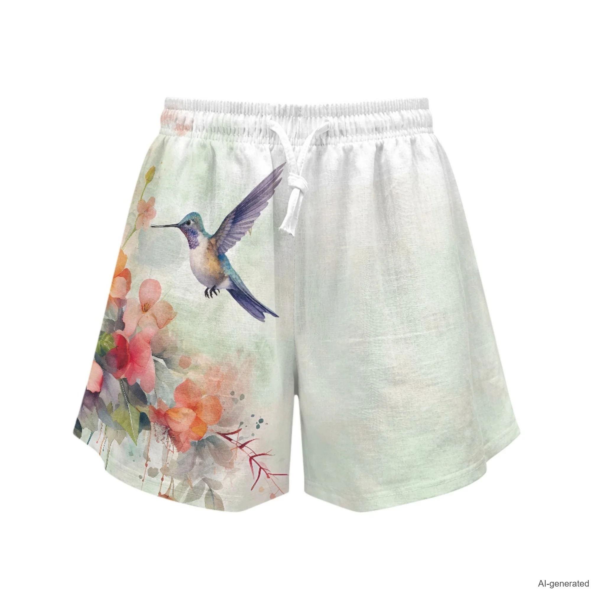 XIXIRIMIDO Summer Women's Linen Shorts High Waisted Pants Hummingbird Print Wide-legged Drawstring with Pockets Versatile Shorts