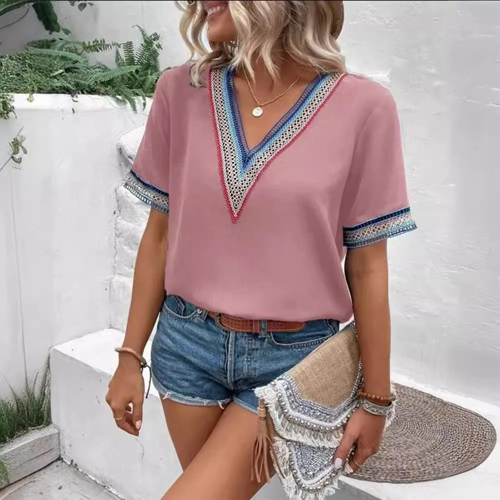 Elegant Damesshirt Zomer Nieuw Kant Patchwork V-hals Casual Effen Kleur Shirt Casual Effen Kleur Trui Blouse Y2K Top Femme