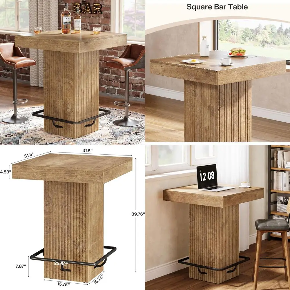 

Industrial-Style Counter-Height Pub Table with Metal Footrest for Home Bar, Kitchen, or Dining Area in Natural Brown