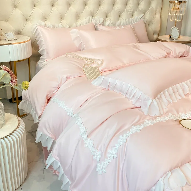 2025 New Luxury Bed Linen Set, Ice Silk, Featuring Korean - Style Lace and French - Inspired Embroidery, for 1.2m - 2.0m Beds