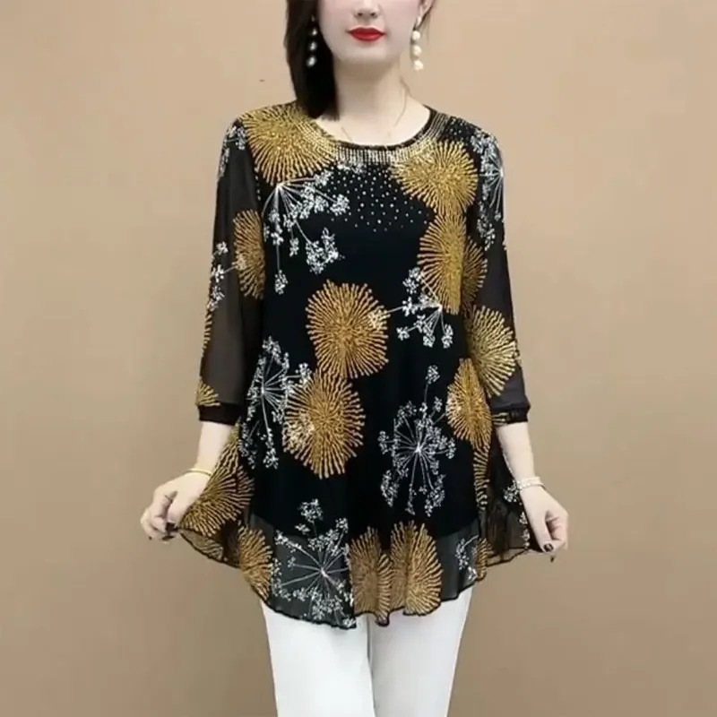 Summer Round Neck Blouse Casual 3/4 Sleeve Commute Female Clothing Loose Vintage Printed Stylish Gauze Diamonds Shirt New E3541