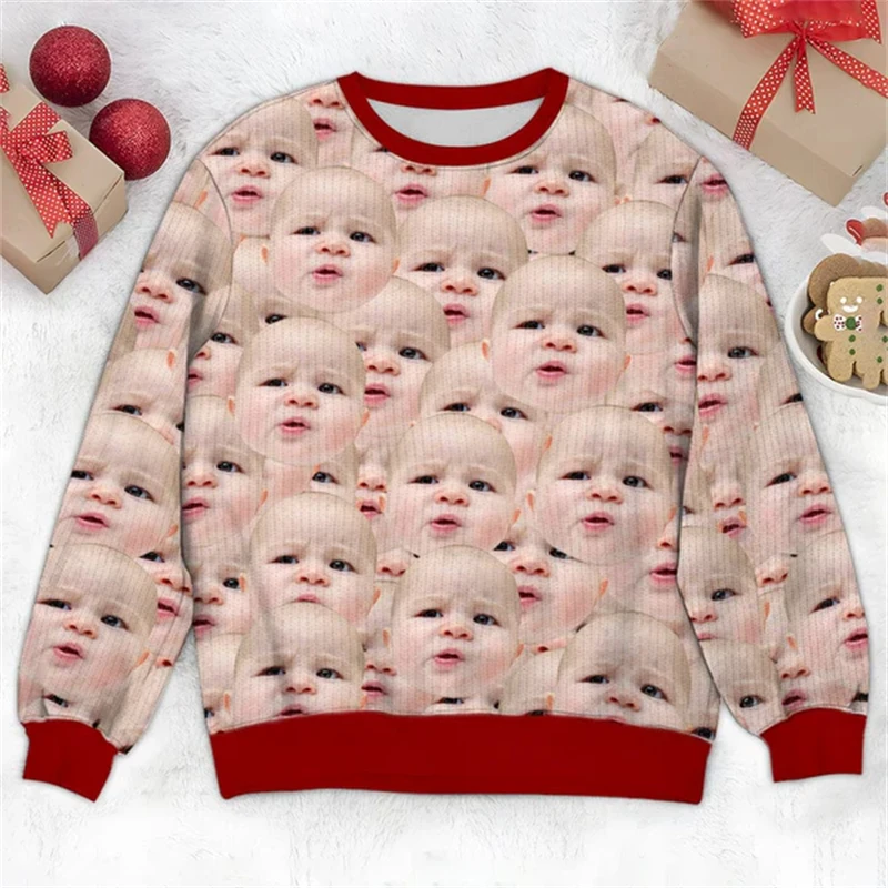 Customized Cute Baby Ugly Christmas Sweater Personalized Kawaii Pet Photo Graphic Sweatshirts Customize Face Pullovers Y2k Tops