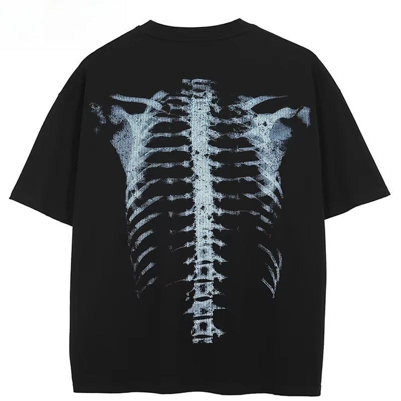 2026 Hip‑Hop X‑Ray Skeleton Back Print Graphic T‑shirt Unisex Washed Cotton Dark Aesthetic Short Sleeve Streetwear Tops