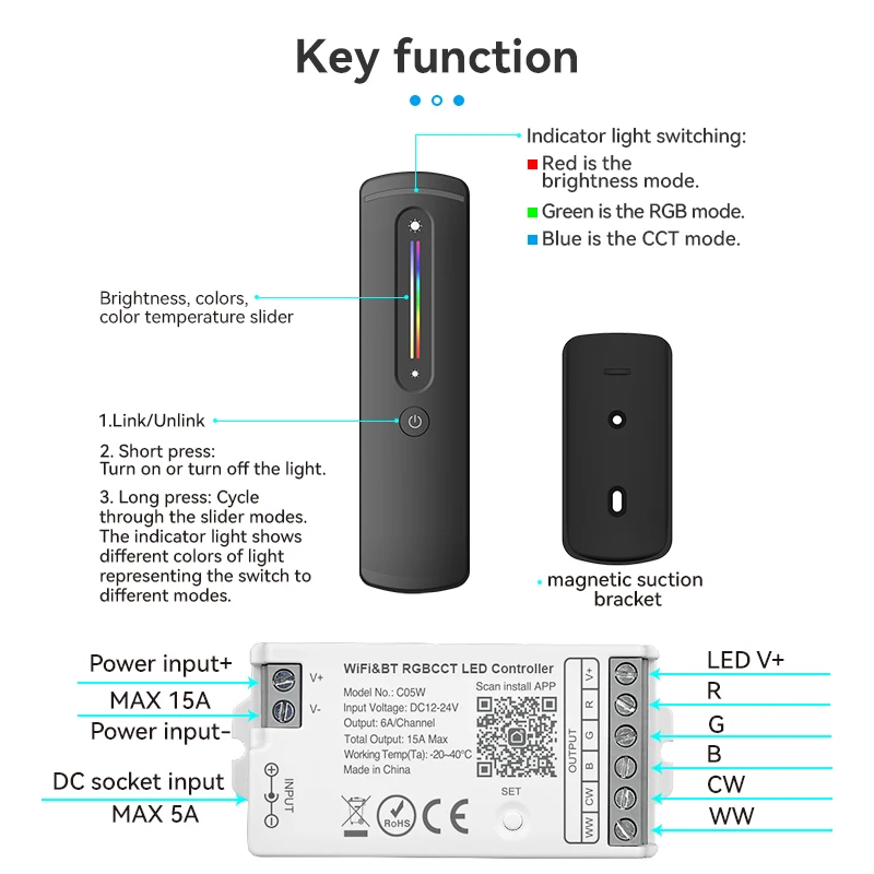 واي فاي أليكسا جوجل هوم تويا الذكية Led RGB RGBW RGBCCT قطاع تحكم 2.4Ghz RF DC12-24V 15A الناتج لاستخدام الشريط 5050 3528