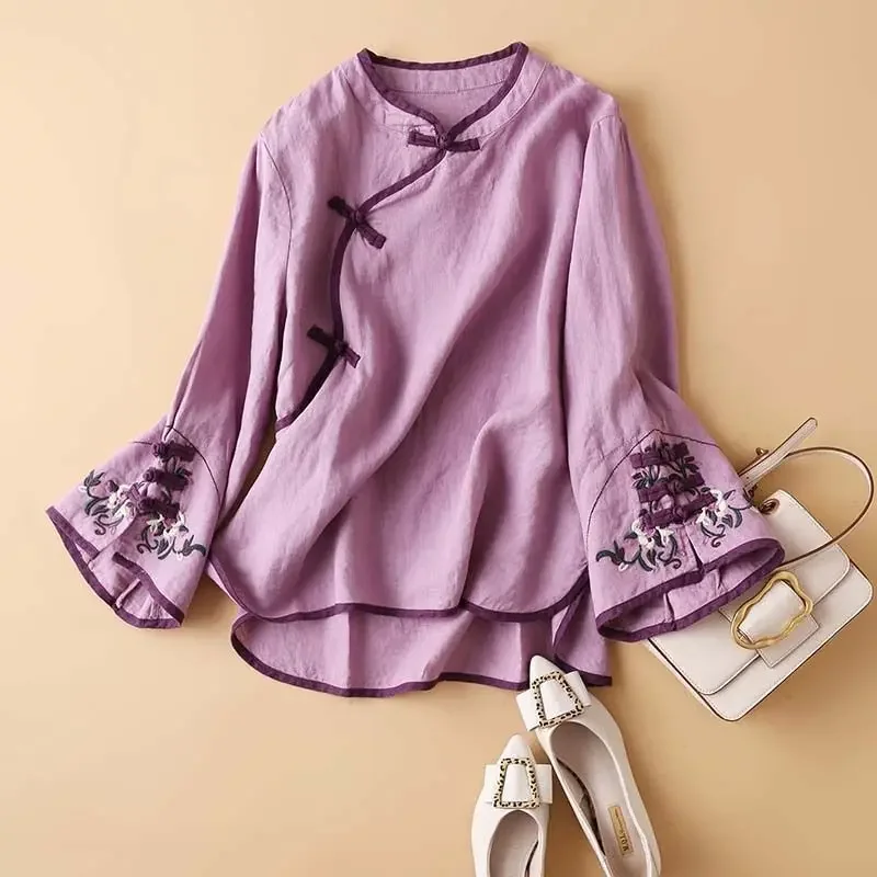 2025 nueva camisa de primavera para mujer estilo chino bordado artístico de moda Top holgado con cuello en V para mujer blusa ropa de moda