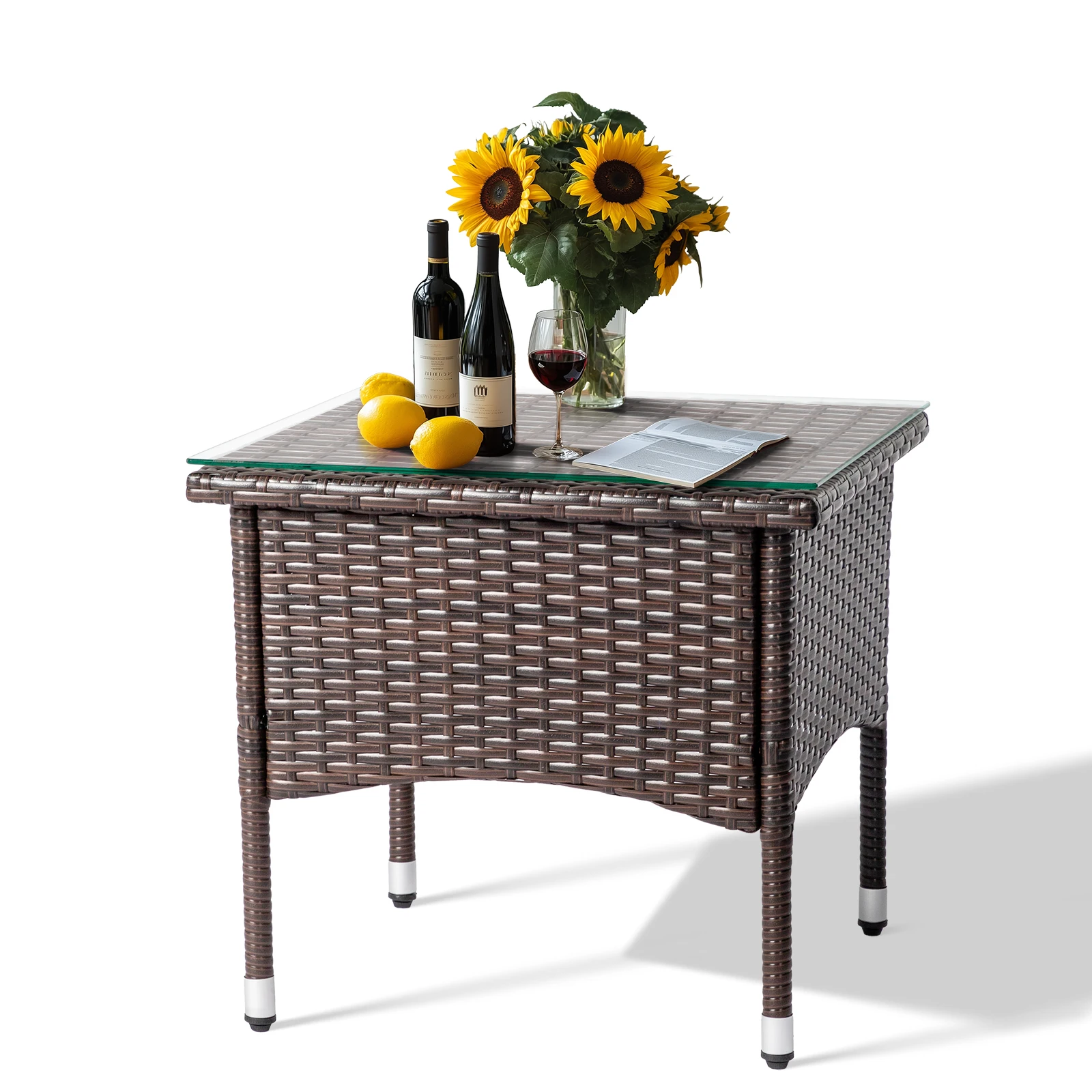 

19.6 * 19.6 * 17.7Inch square, glass table top, brown rattan, rattan side table