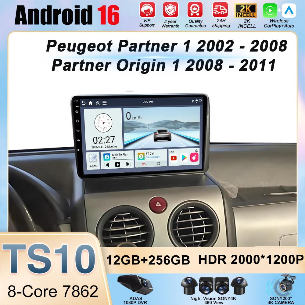 Radio Multimedia con Reproductor de Video y Navegación para Peugeot Partner 1 (2002-2008) y Partner Origin 1 (2008-2011) con Sistema Android 16
