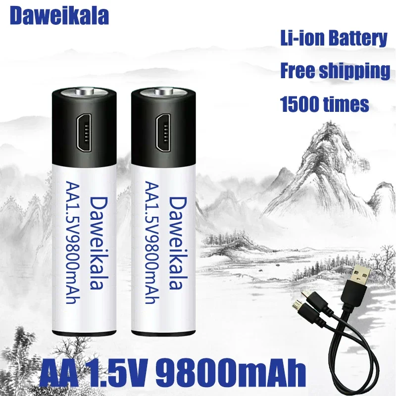 USB Recarregável Li-ion Battery + Cabo, Alta Capacidade, 1.5V, AA, 9800 mWh, Apto para Controle Remoto, Mouse, Ventilador Pequeno, Brinquedo Elétrico