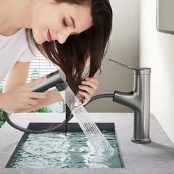 Bathroom Sink Pull-out Hot and Cold Water Mixer Faucet for Bathroom Grey/Chrome 3 Functions Mouthwash Faucet Deck Mount