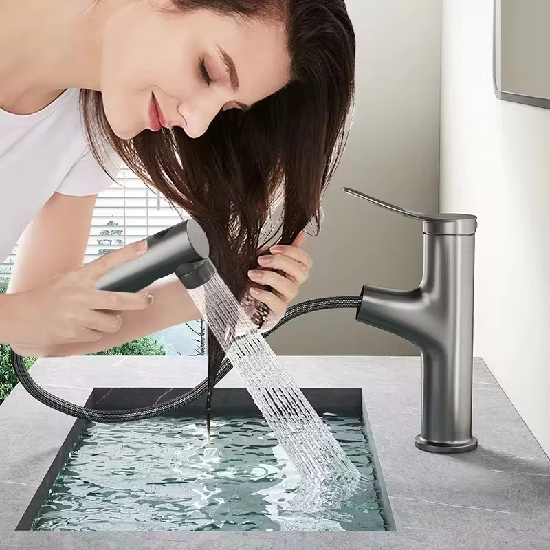 Bathroom Sink Pull-out Hot and Cold Water Mixer Faucet for Bathroom Grey/Chrome 3 Functions Mouthwash Faucet Deck Mount