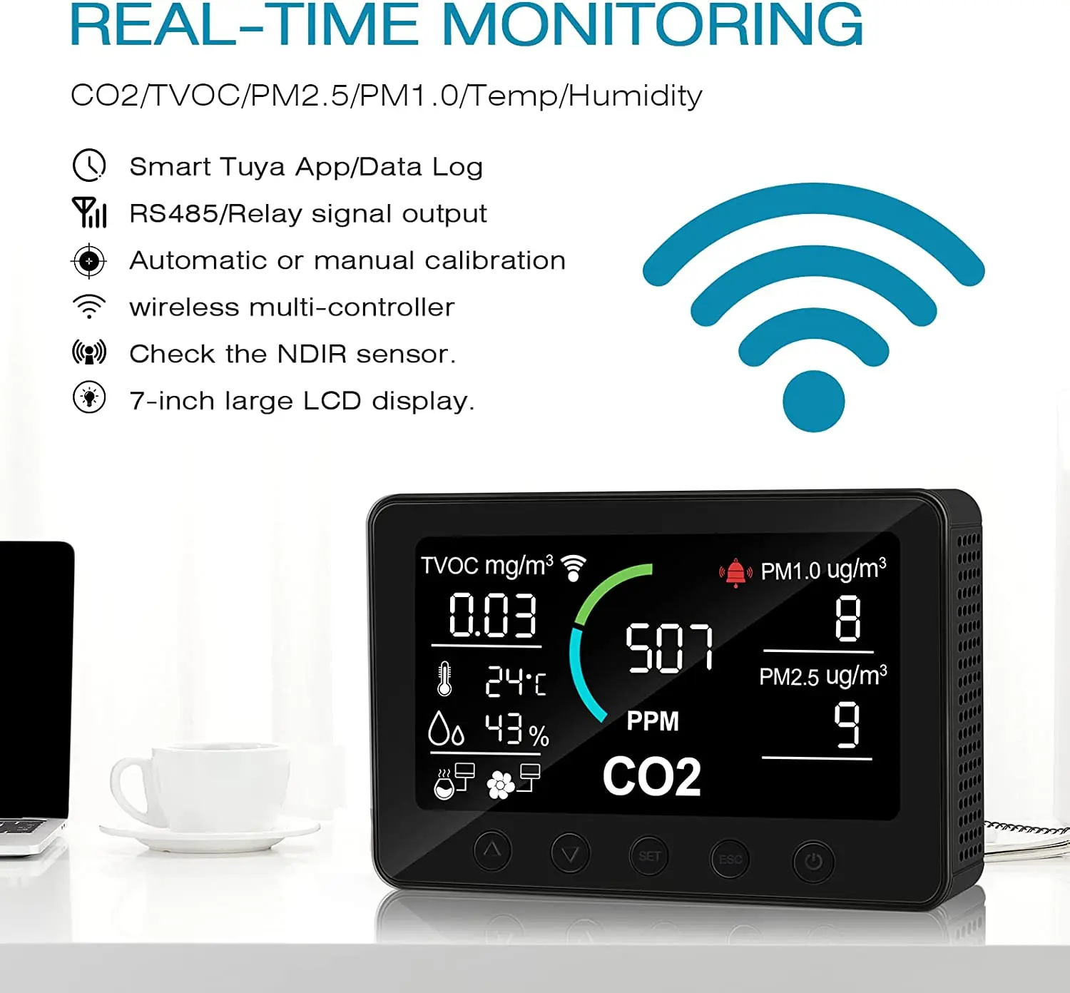 New Arrival 8 in 1 Real-time Indoor Air Quality Monitor Digital Gas Detector Smart Home IoT System  System Ventilation Fan