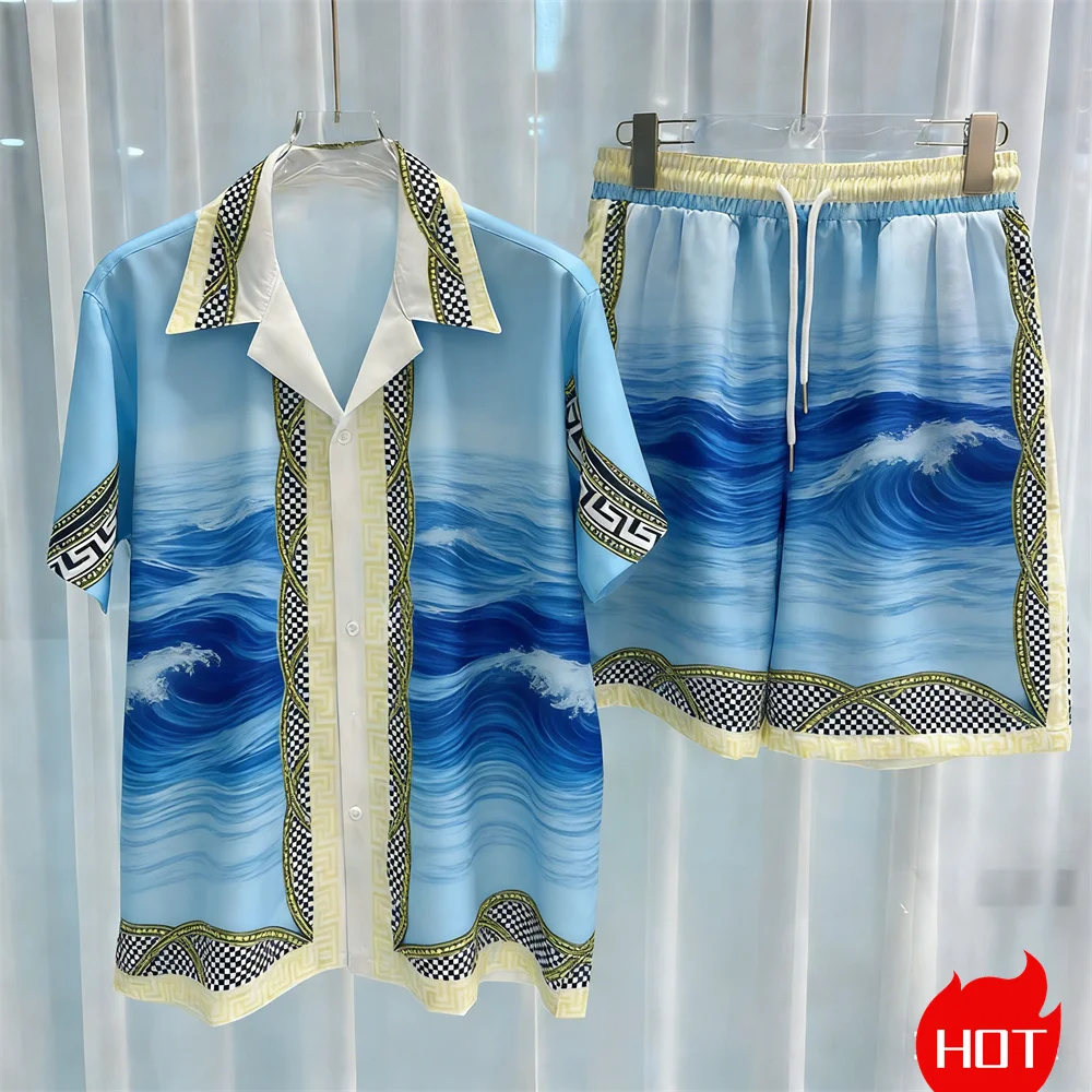 Ensemble de chemises d'été pour hommes, motif végétal, en polyester, deux pièces, chemise hawaïenne, ensemble de chemises décontractées pour hommes, vêtements Y2k