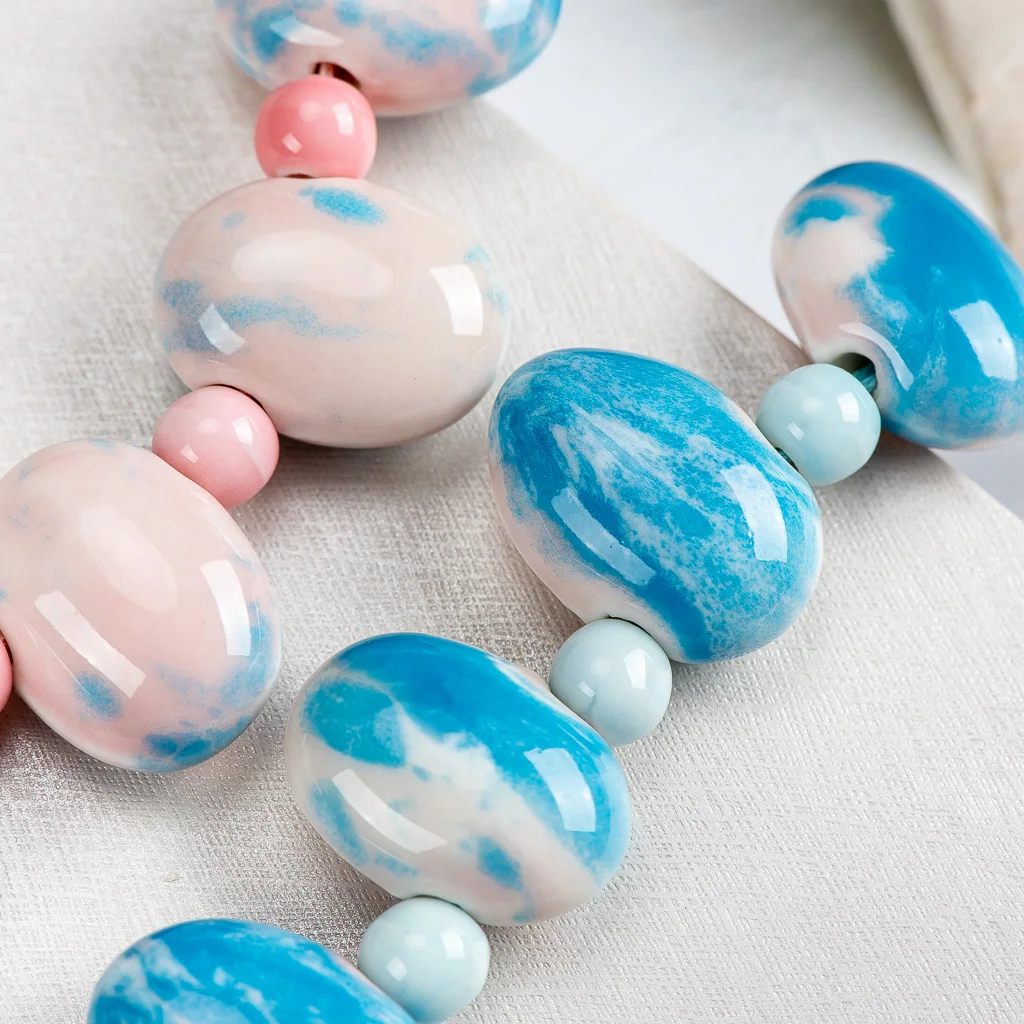 Blue Pink Cobblestone Shape Ceramic Bohemia Bead Necklace Pendant Vintage Necklaces Classic Style Jewelry #2584