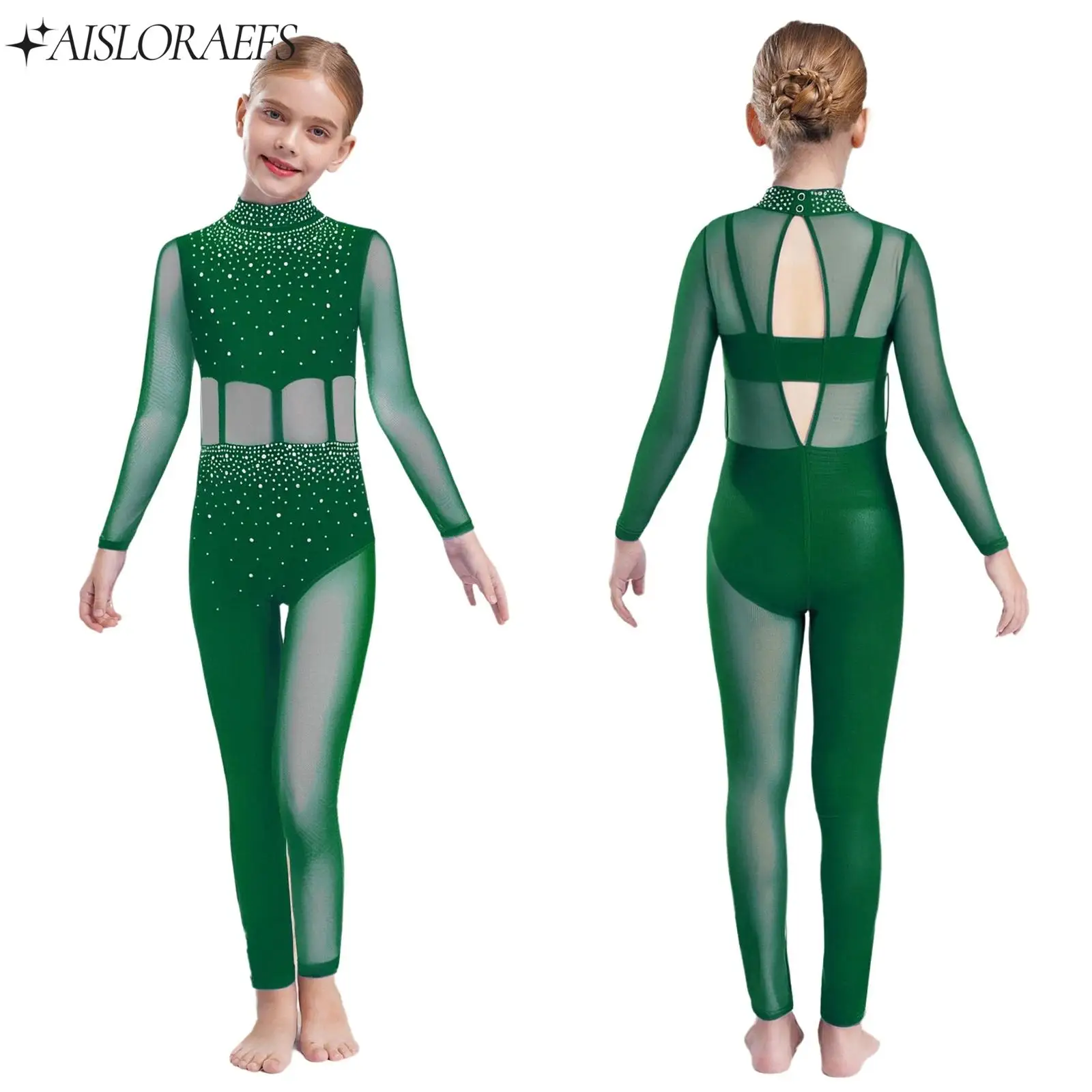 

Kids Girls Figure Ice Skating Dance Gymnastics Jumpsuit Full Body Leotard Long Sleeve Rhinestones Bodysuit Ballet Stage Clothes