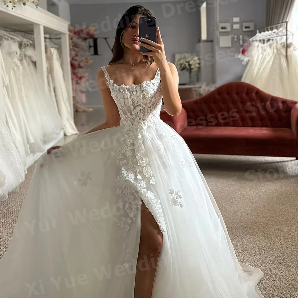 Vestidos De Novia lujosos con apliques De encaje para mujer, Vestido De Novia con tirantes finos, vestidos De Novia personalizados